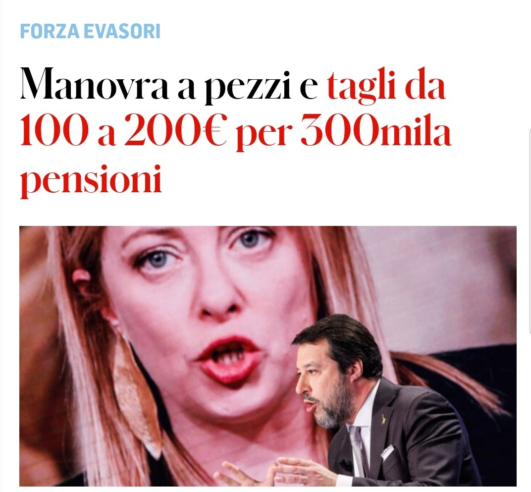 Tranquilli non toccheranno il C/c degli amici evasori, le loro pensioni e vitalizi
Fare più schifo di  Berlusconi e Renzi era difficile ma non per lei
#MELONIMERDA