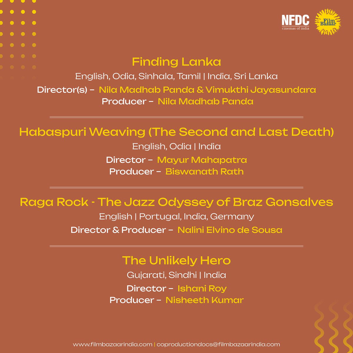 filmbazaarindia's tweet photo. 📢 Selection Announcement!📢
NFDC Film Bazaar is thrilled to announce the selection of 12 projects for the Documentary Co-Production Market 2023.
Film Bazaar congratulates the selected participants.
#FilmBazaar2023 #NFDCFilmBazaar #NFDC #DocumentaryCPM2023 https://t.co/07h4cr5GQm
