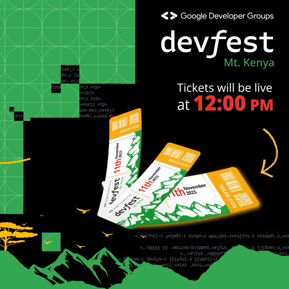 GdgnyeriC's tweet photo. 🗣️Wadauuuu... #DevFestMtKenya Tickets are here 🔥

They will be live exactly at 12:00PM ⌚
"Alarm, Check ☑️"

Link: https://t.co/wgyxKFUiCt https://t.co/gLnb2kjnvN