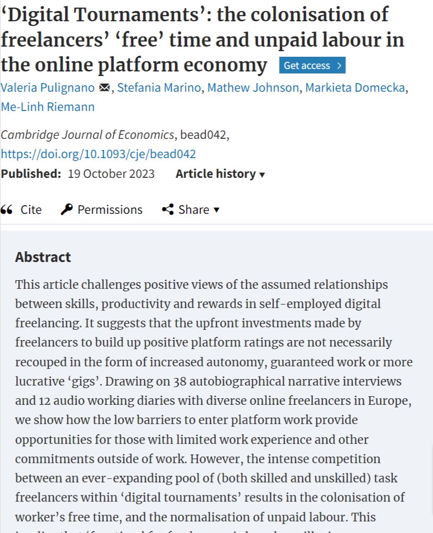 Freelancing platforms organize #competition through ‘digital tournaments’ that colonize workers’ free time and normalize #unpaid #labor. Read the new paper on CJE by Pulignano, Marino, Johnson, Domecka and Riemann. @ERC_Research 👉bit.ly/3FwYWhp