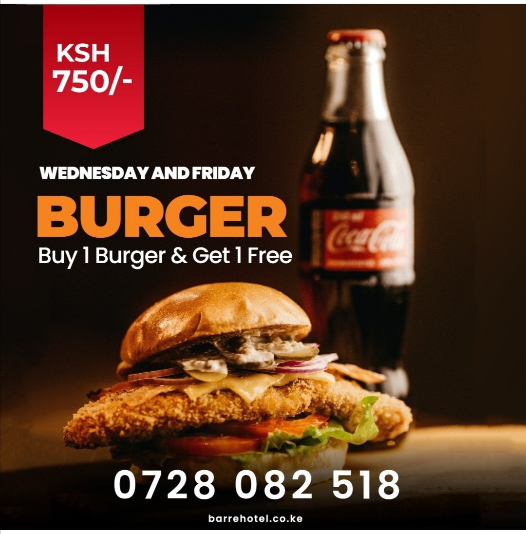 BarreHotel's tweet photo. It's Friday yeehh!!!
Friday Fun day, Heaven between Two Buns
Special Offer!!
Buy one get one absolutely free!!
Barre Hotel South C
#burgerweekend #burgerkenya #Foodie #burgerNairobi #burgerbusiness #specialoffer
#barrehotel #halalfood #southc #southcrestaurant https://t.co/R88HE060ky