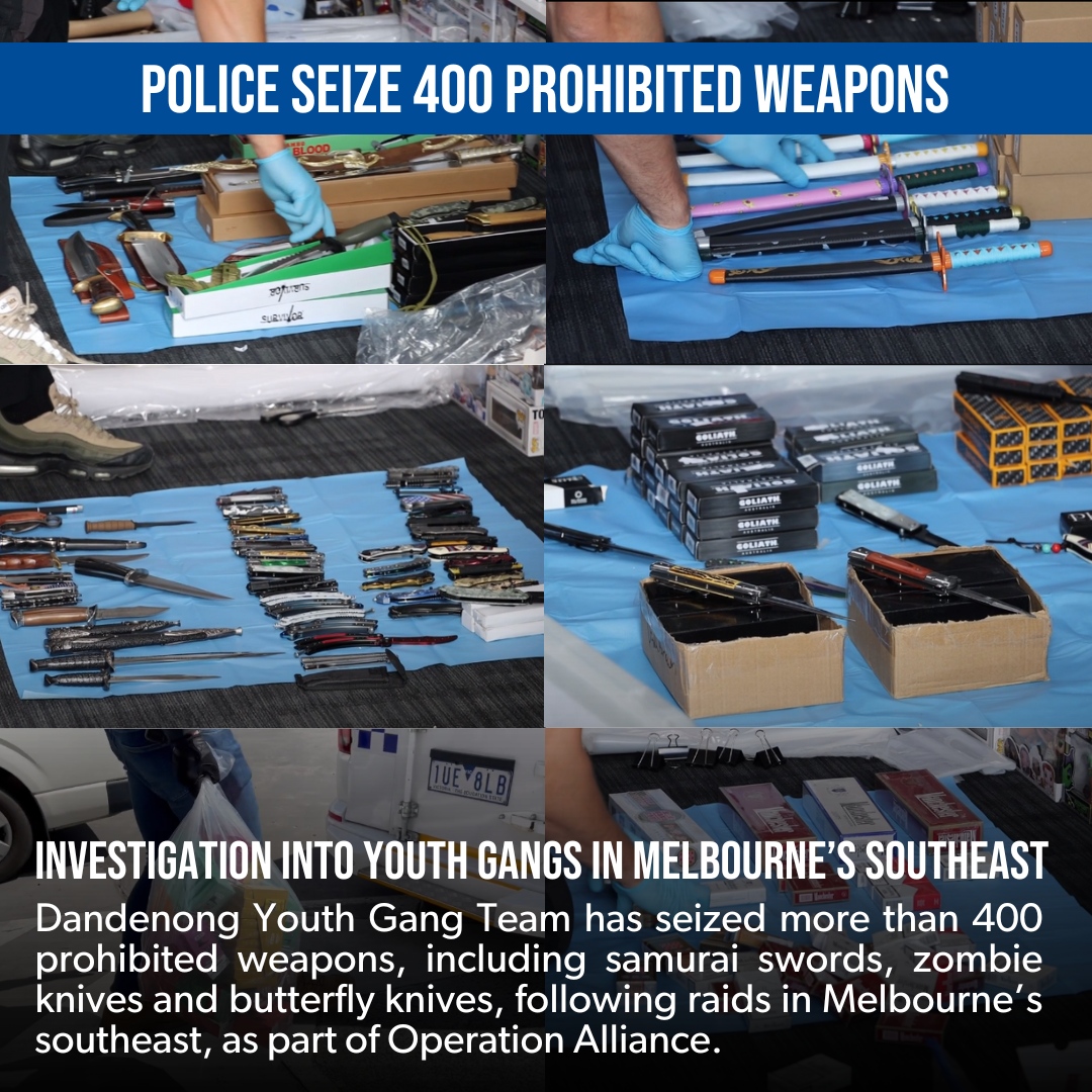 Crime Stoppers Vic (@crimestoppervic) on Twitter photo Targeting youth gangs in Melbourne's southeast, <a href="/VictoriaPolice/">Victoria Police</a> seized 402 prohibited weapons, illegal cigarettes, vapes & more.
If you have information contact Crime Stoppers at 1800 333 000 or report online.
Learn more about our #knifecrime campaign: bit.ly/CutTheViolence Targeting youth gangs in Melbourne's southeast, <a href="/VictoriaPolice/">Victoria Police</a> seized 402 prohibited weapons, illegal cigarettes, vapes & more.
If you have information contact Crime Stoppers at 1800 333 000 or report online.
Learn more about our #knifecrime campaign: bit.ly/CutTheViolence