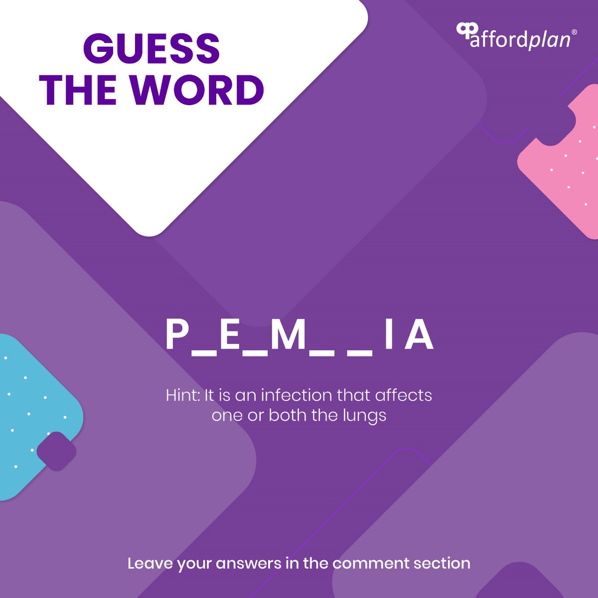 Are you ready to play a fun game of ‘Guess the Word’ with #Affordplan? Let us know what you think the word is in the comment section below. Whoever guesses the correct word will be the winner!! 
#WordChallenge #GuessTheWord #ContestAlert #WordGame #BrainGame