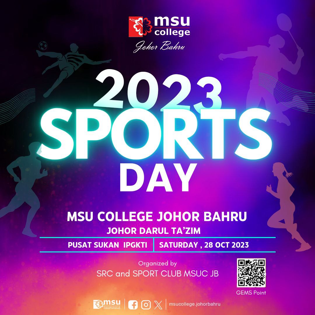 msuc_jb's tweet photo. MSUC JB | 2023 SPORTS DAY
Sports and fitness are the cornerstones of a strong nation. Let's commit to a healthier lifestyle on this 2023 Sports Day MSU College JB. Come and join us #MSUrians
πΊβ€
#MSU4life
#MSUcollege
#MSUmalaysia
#MSUCollegeJohorBahru https://t.co/9ys5e5lNKn