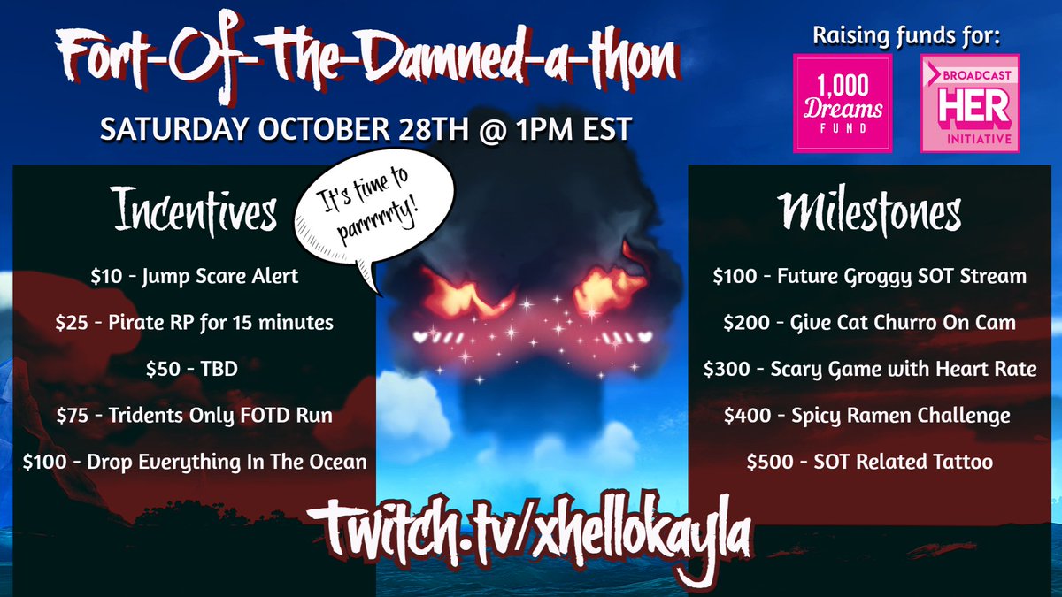 xhellokayla's tweet image. You're formally invited to my @SeaOfThieves Fort-Of-The-Damned-a-thon fundraising for @1000DreamsFund!

Join myself, and some of my favorite pirates, as we aim to grab some plunder and cause shenanigans across the seas.

Saturday Oct. 28th at 1PM EST twitch.tv/xhellokayla 🏴‍☠️