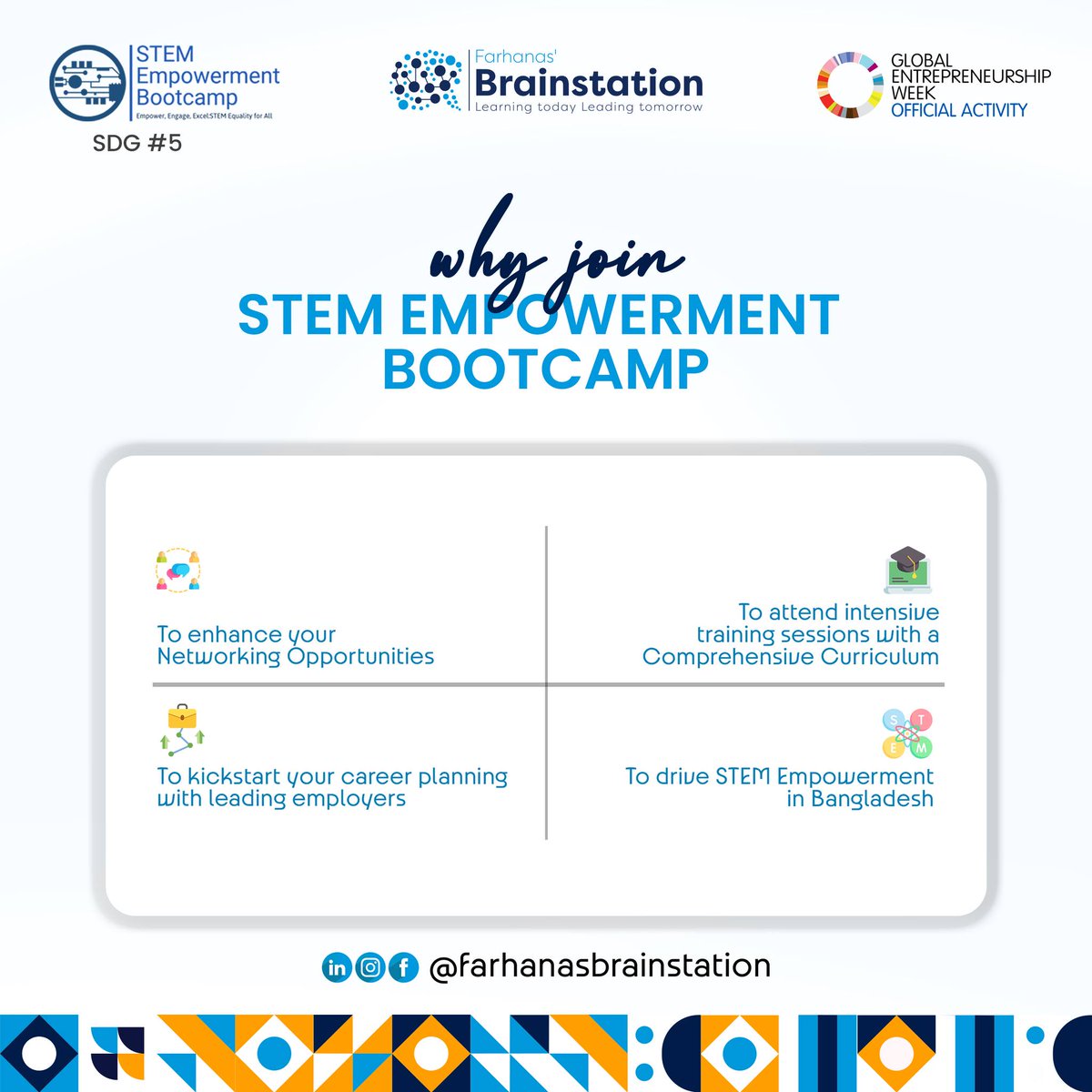 Brainstation20's tweet photo. Still in dilemma why to join this STEM Empowerment Bootcamp (November 16, 2023 - December 02, 2023)? Worry not and join ASAP!
Registration Link to join our STEM Empowerment Bootcamp 📷
https://t.co/CRX0v9nGaU
#STEMempowermentbootcamp #stem #farhanasbrainstation #bootcamp https://t.co/pvL0V2JaGr