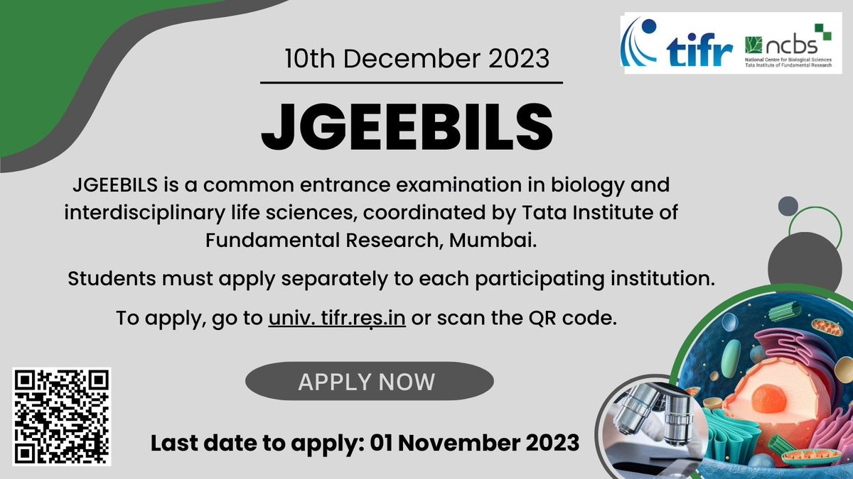 NCBS_Bangalore's tweet photo. Last day to Apply: 1 November 2023

Interested in pursuing an Integrated MSc-PhD (I-PhD) or #PhD in #biology from TIFR institutes and @DBT-inStem?

Applications for JGEEBILS are now open!
To apply go to univ. https://t.co/vNiKWZsK3j
The test will be held on 10 December 2023. https://t.co/QNd2UMY7CO