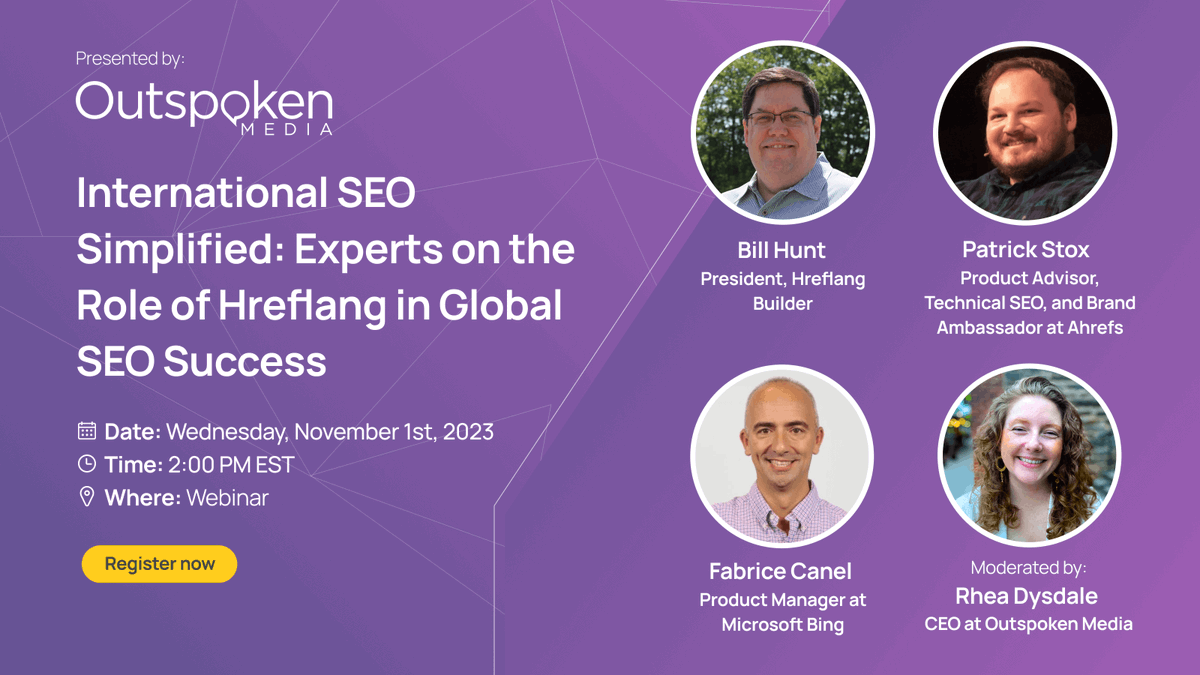 Do you work on websites with different languages and countries? Let's get nerdy about the future of hreflang and international SEO. November 1st - next Wednesday at 2PM ET. Register here: bit.ly/hreflang-simpl…