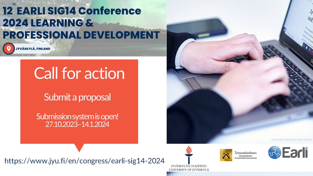 Send your proposal to #SIG14JYU24 Learning On-the-Go: Understanding the Dynamics of Continuous #ProfessionalDevelopment in a Tech-Driven World, 21-23 August 2024, Submission is open👉jyu.fi/en/congress/ea… <a href="/earli_office/">EARLI</a> <a href="/uniofjyvaskyla/">University of Jyväskylä</a>