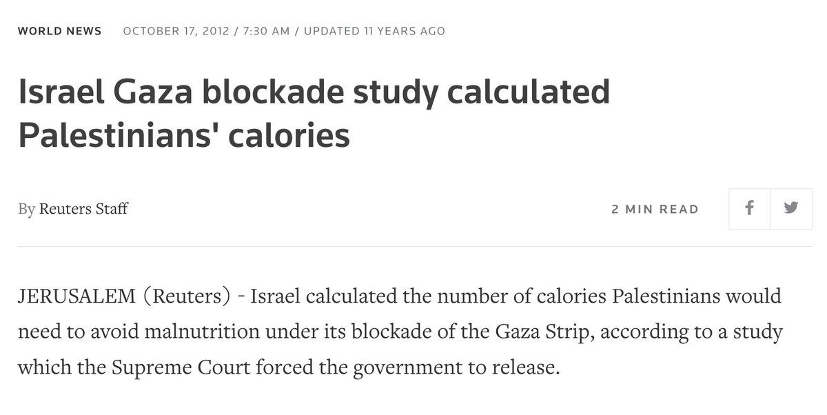 MaxBlumenthal's tweet image. When Israel initiated its siege of Gaza in 2007, it employed complex formulas to calculate the calories each Gaza resident would need to suffer but avoid starvation

History did not begin on October 7, 2023
