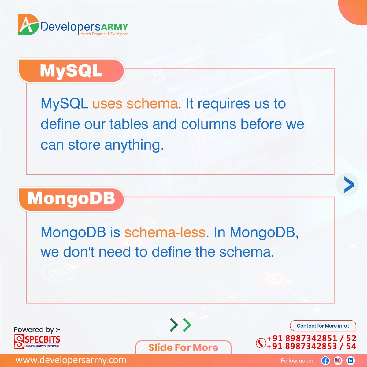DevelopersArmy's tweet image. 🔍 Dive into the Database World with Developers Army! Part 02: MySQL vs. MongoDB

#DatabaseComparison #MySQLvsMongoDB #WebDevelopment #DevelopersArmy #SpecBits #StructuredVsUnstructured #JoinOperations #TechTalk #NoSQLvsSQL #ChooseWisely