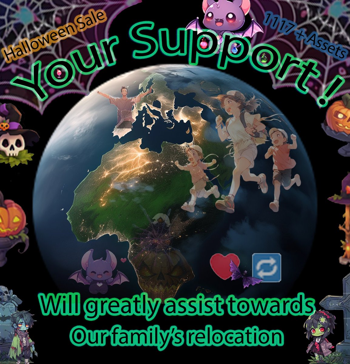 LoneRogueProdu1's tweet photo. Every purchase helps towards #reuniting our #family &amp; improving the #future of our #children

#HalloweenForFamilyUnity ❤️🔁
Your #support gets us #onestepcloser🎃🌟

https://t.co/Ic7hH0iYvV

#Halloween #digitalart #halloweenart #art #indie #IndieDevs #ShamelessSelfpromoFriday https://t.co/GGJ1OWCBVI