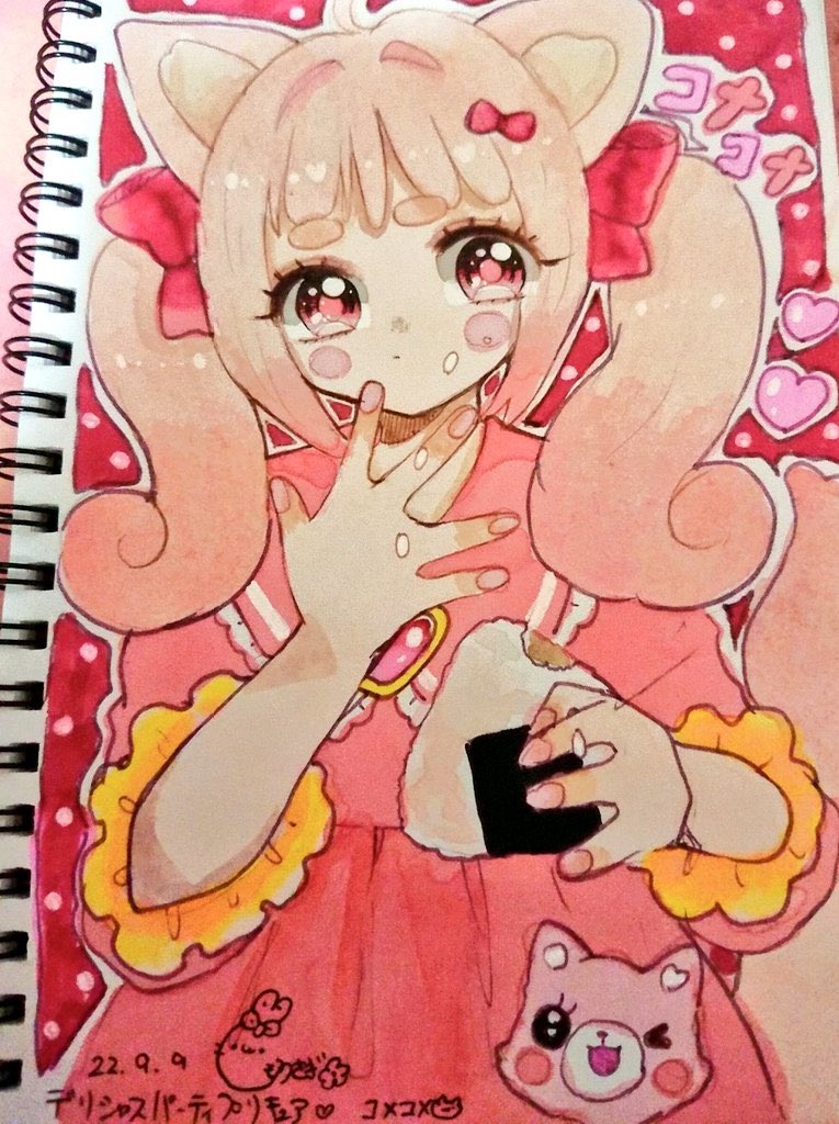 1girl food animal ears pink eyes solo twintails traditional media  illustration images