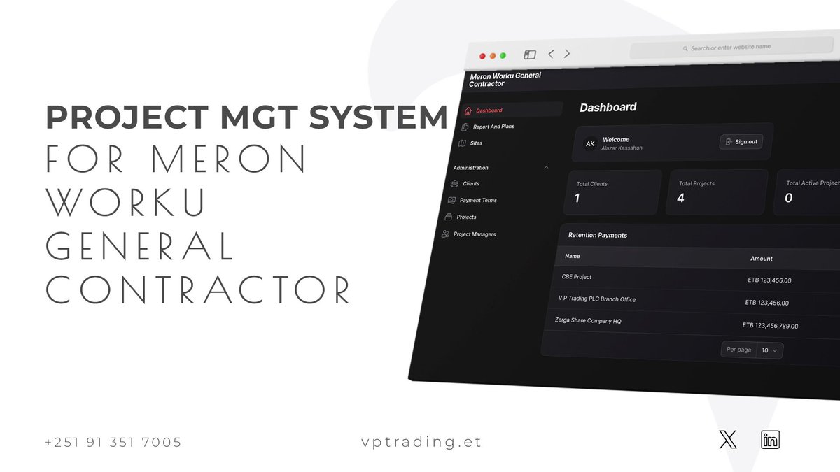 vp_solutions_et's tweet photo. We are pleased to announce the completion and delivery of #Construction #project #management system for Meron Work General Contractor.
We welcome other construction firm owners to adapt our fully customized and flexible project management platform.
#vptrading #construction https://t.co/8IaXFGGWRl