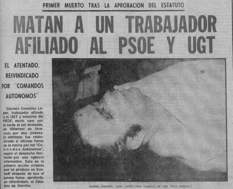 #TalDiaComoHoy de 1979 #ETACAA asesinó en #Urretxu a otro trabajador, al fotógrafo Germán González, afiliado al @PSOE y a @UGT_Comunica. Le dispararon 9 veces y le metieron 7 balazos en el cuerpo. Fue el primero de los 12 socialistas asesinados por ETA. HILO ⤵️