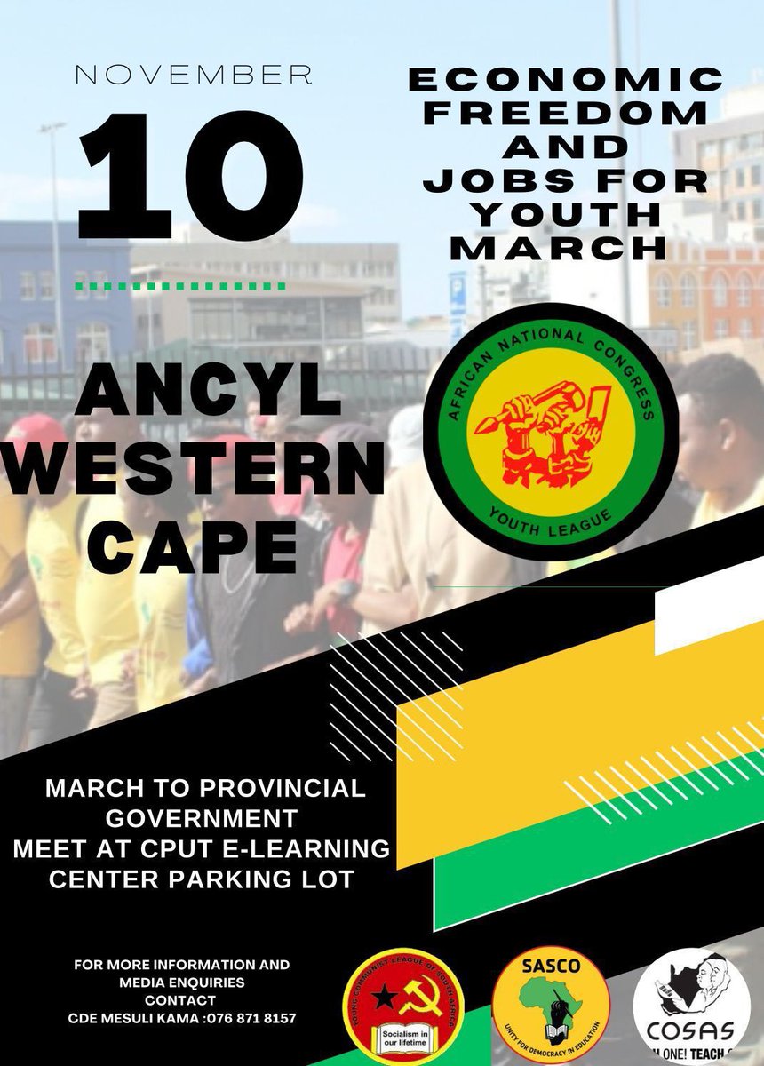 ANCYL_WCape's tweet photo. The ANCYL Western Cape PTT would like to invite all the youth in the Western Cape to come out in numbers and join the Economic Freedom and Jobs for Youth March. All details are listed on the poster below.

#JobsForYouth 
#EconomicFreedomInOurLifetime https://t.co/PjheZGmSaL