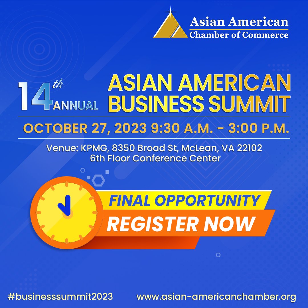 Final Opportunity – Make your plans to attend #AACC’s #14thAnnualBusinessSummit today from 9:30 A.M. to 3:00 P.M

Don’t miss attending AACC’s 14th Annual Business Summit is one of D.C. area’s premier events linking individuals and businesses to the #AAPI #business community.