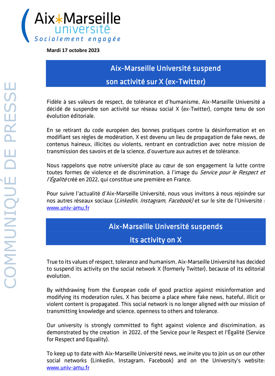 Notre université, par sa politique socialement engagée, place au cœur de ses actions le bien-vivre ensemble, le respect et la lutte contre toutes formes de discrimination et de haine. Fidèle à ses valeurs, Aix-Marseille Université a donc décidé de suspendre son activité sur X. ⬇️