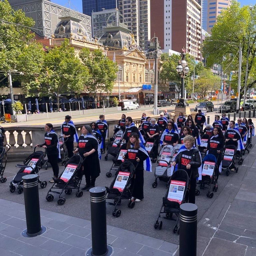 ECAJewry's tweet image. Communities around Australia have come together to call for the release of Israeli hostages. Empty strollers pushed in Melbourne for children being held hostage by Hamas; an empty Shabbat table displayed in Brisbane for missing &amp;amp; abducted Israelis.

#setthemfree #bringthemhome