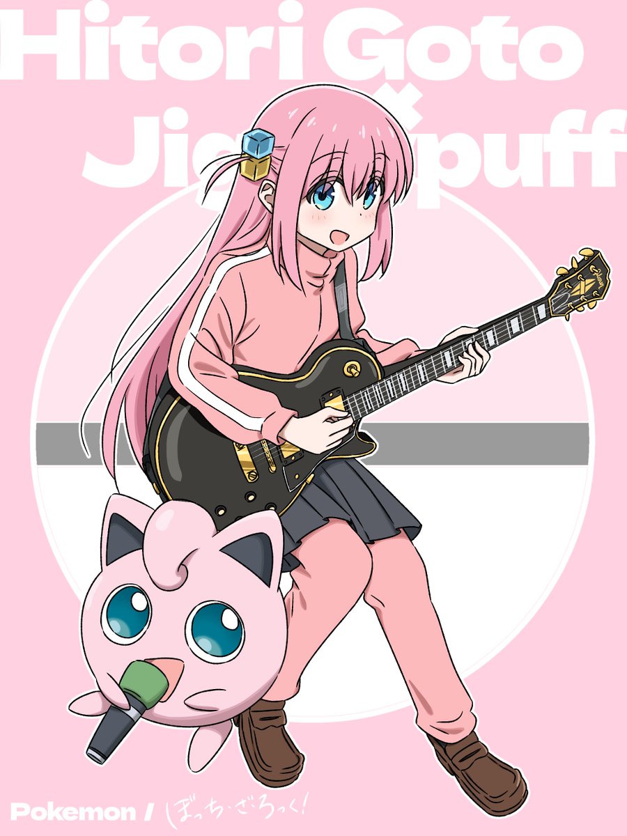 gotou hitori ,jigglypuff cube hair ornament track jacket guitar 1girl instrument pokemon (creature) pink hair  illustration images