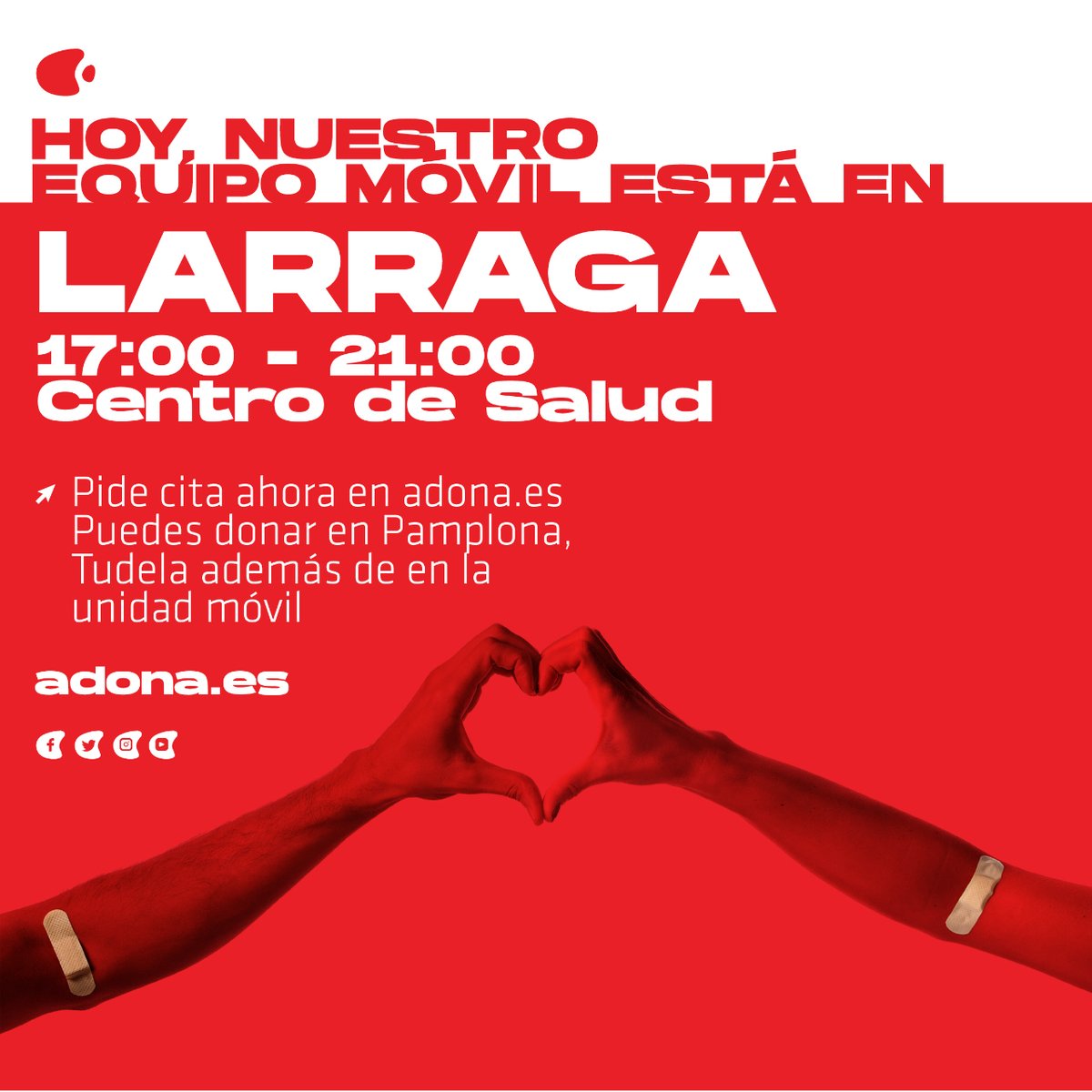 Hoy nos toca pasar nuestro #emanodolaeguna #díadedonarsangre en Larraga. Va a ser una tarde fantástica! Reserva cita en adona.es