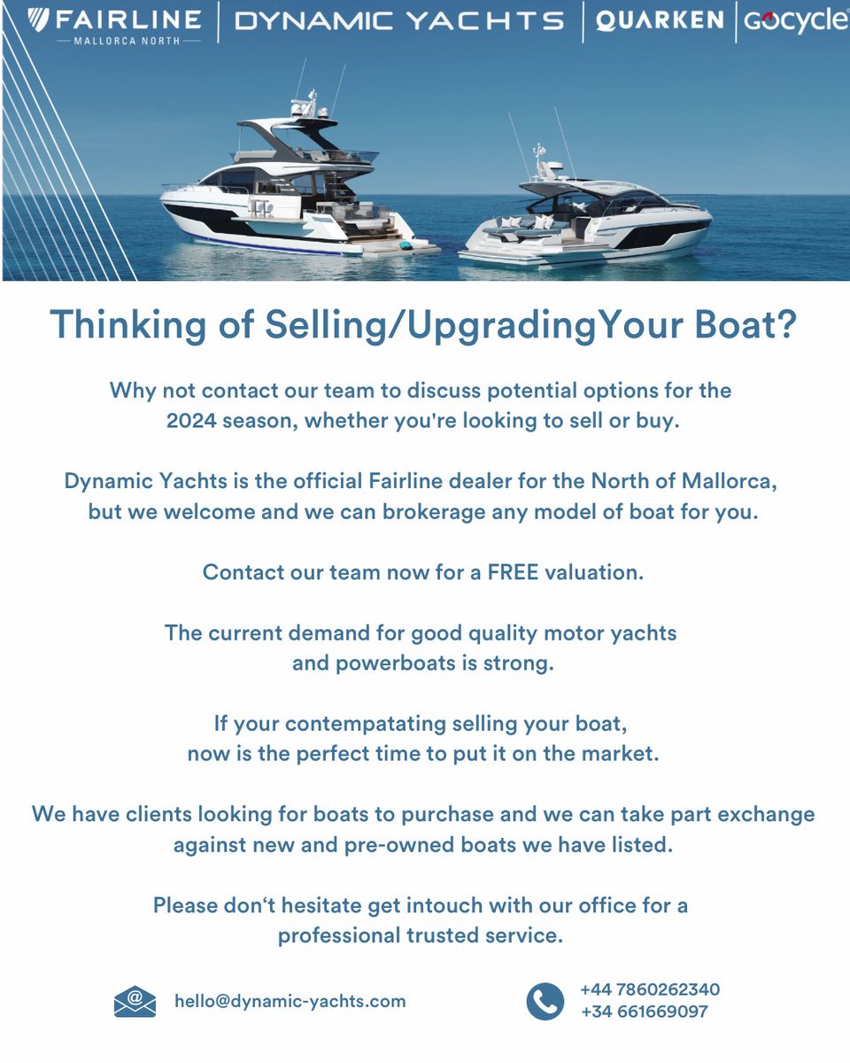Dynamicyachts's tweet image. Looking To Sell | Or Looking To Buy 

For more information contact our team 
hello@dynamic-yachts.com
Link in bio for more options

#SpiritOfAdventure ⁠#Fairline #FairlineYachts #LuxuryLifestyle #yachtlife #Yachts #Boats #boatlife #Mediterranean