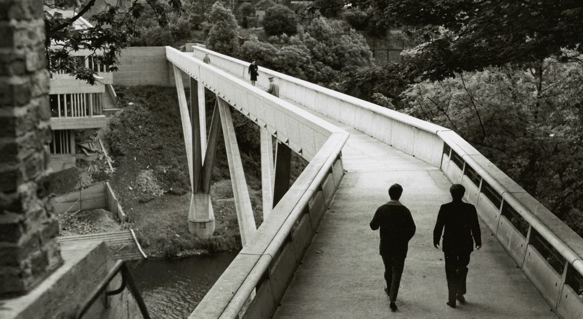 architext14's tweet image. What ove arup considered his finest work. Kingsgate footbridge, Durham  where 2 legs of the bridge are constructed on shore and swung into position and touch at the most elegant of expansion joints.