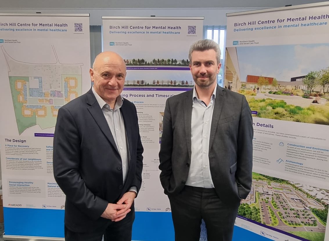 I joined my @allianceparty colleague @JohnBlairMLA at Holywell hospital yesterday to see the plans for the new mental health inpatient unit. Great to see the planned new modern facilities for patients to recover in. Also good to see a #ChangingPlaces bathroom in main building.
