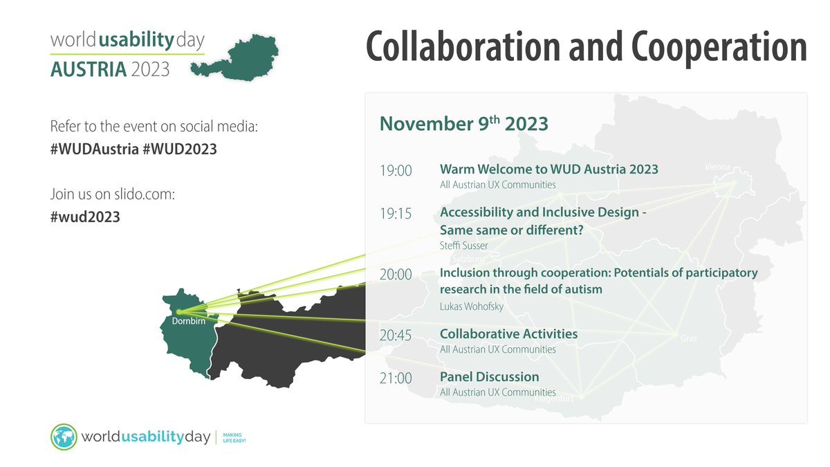 WUD_Austria's tweet photo. See you tonight at #WUDAustria #WUD2023!

Information about the event, link to our live stream, and registration: https://t.co/s6ZYVWV9MN

#UXSalzburg #UXGraz #UXLinz #UXVorarlberg #UXVienna #UXAustria #UXPAAustria
#Collaboration #Cooperation #Accessibility #A11Y #InclusiveDesign https://t.co/Wgb19WAOdd