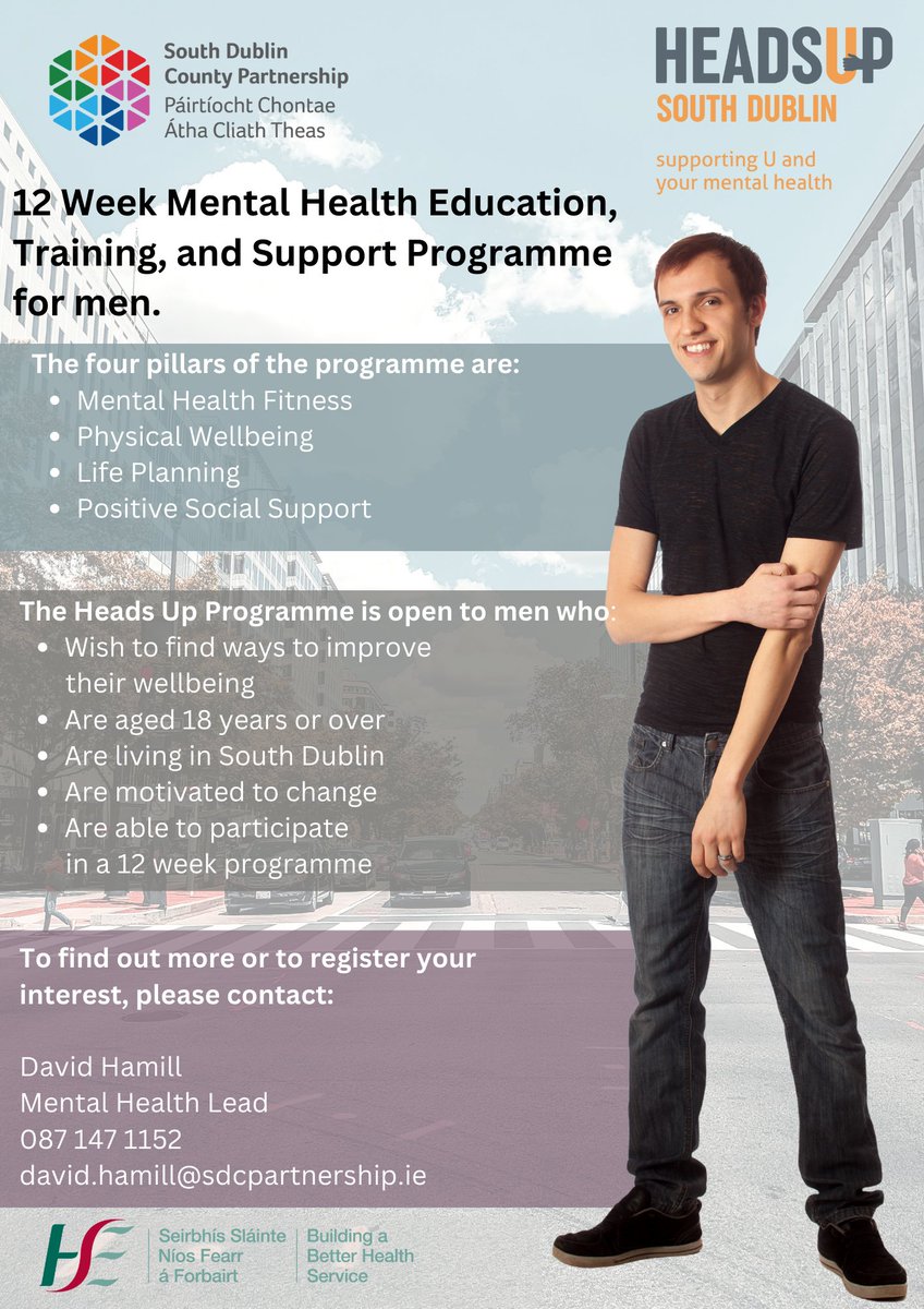 #MentalHealthEducation for men aged 18 and over in #SouthDublin  Supportive peer group environment and lots of tips and tools. #PhysicalHealth #MentalHealth #SocialConnection #HeadsUp #Men #MentalHealthMatters