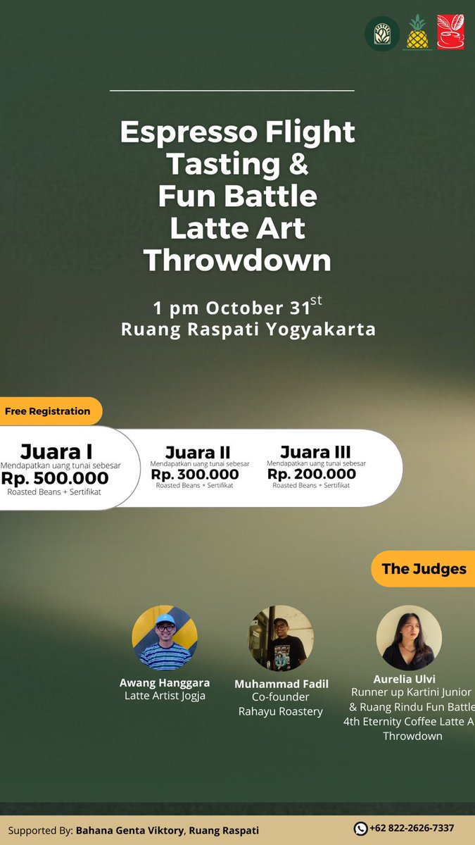rahayuroastery's tweet photo. "Kabar gembira untuk Latte Artist Yogyakarta"
#bojomuringteteppouring
#infokopi 
#eventjogja
#infocegatanjogja https://t.co/NvSVzY8Dkt