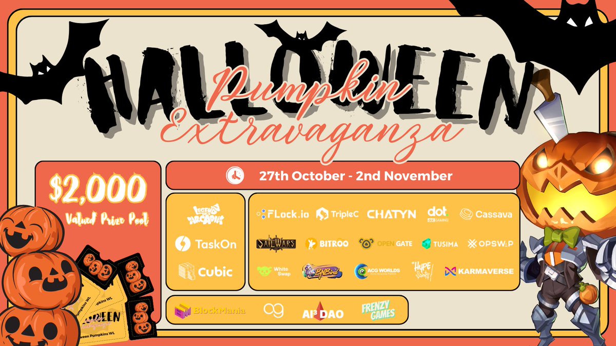 LOA #Halloween Pumpkin Extravaganza 🎃 Our pumpkin patch of excitement awaits you!

🕐 10/27 - 11/2, 8AM (UTC)
🍬 #Giveaway $2,000 valued #USDT + #NFT + #Token

👻 To Enter:
✅ Follow, ❤️, RT &amp; @ 3 friends
✅ Complete tasks:
taskon.xyz/campaign/detai…

#LOAHalloween #TaskOnHalloween