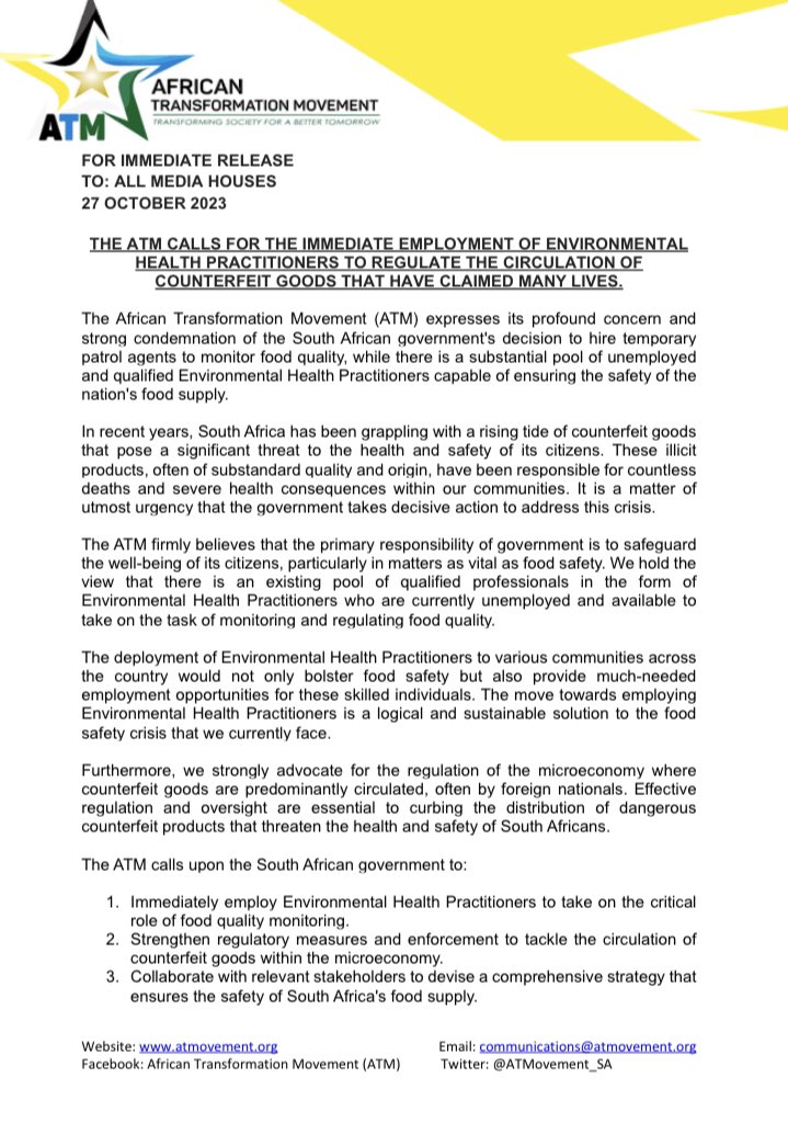 ATMovement_SA's tweet photo. [READ]

The ATM calls for the regulation of the micro-economy to curb the further circulation of fatal counterfeit foods, and the prompt hiring of Environmental Health Practitioners to oversee this. 

#VoteATM2024
#ReadToServeReadyToGovern https://t.co/uKjBjRZMFH