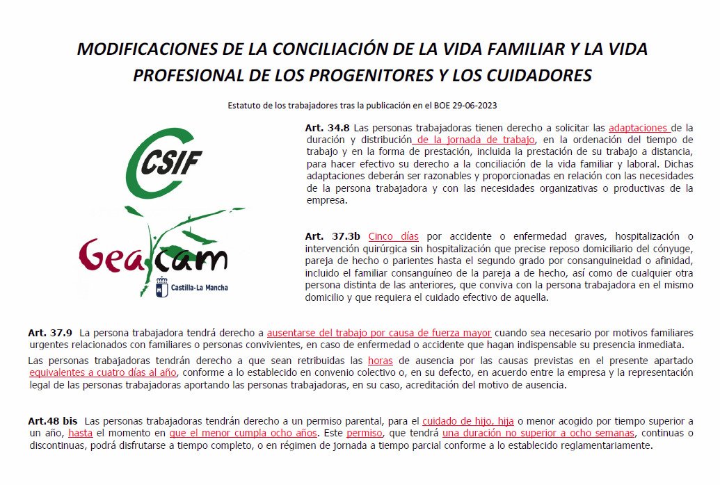 SSCSIFgeacam's tweet photo. Adjuntamos el resumen de modificaciones en conciliación de la vida familiar de progenitores y cuidadores que trabajan en  la empresa pública #GEACAM según la modificación del Estatuto de los trabajadores (RD-Ley 5/2023)
@Plan_INFOCAM @gobjccm #IIFF https://t.co/fZNMDkQCZH