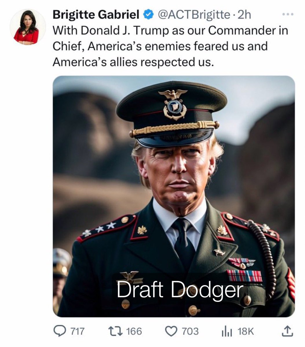 piyushmittal's tweet photo. I don’t think @ACTBrigitte realizes being a draft dodger isn’t a good thing https://t.co/grNEpUFnWQ