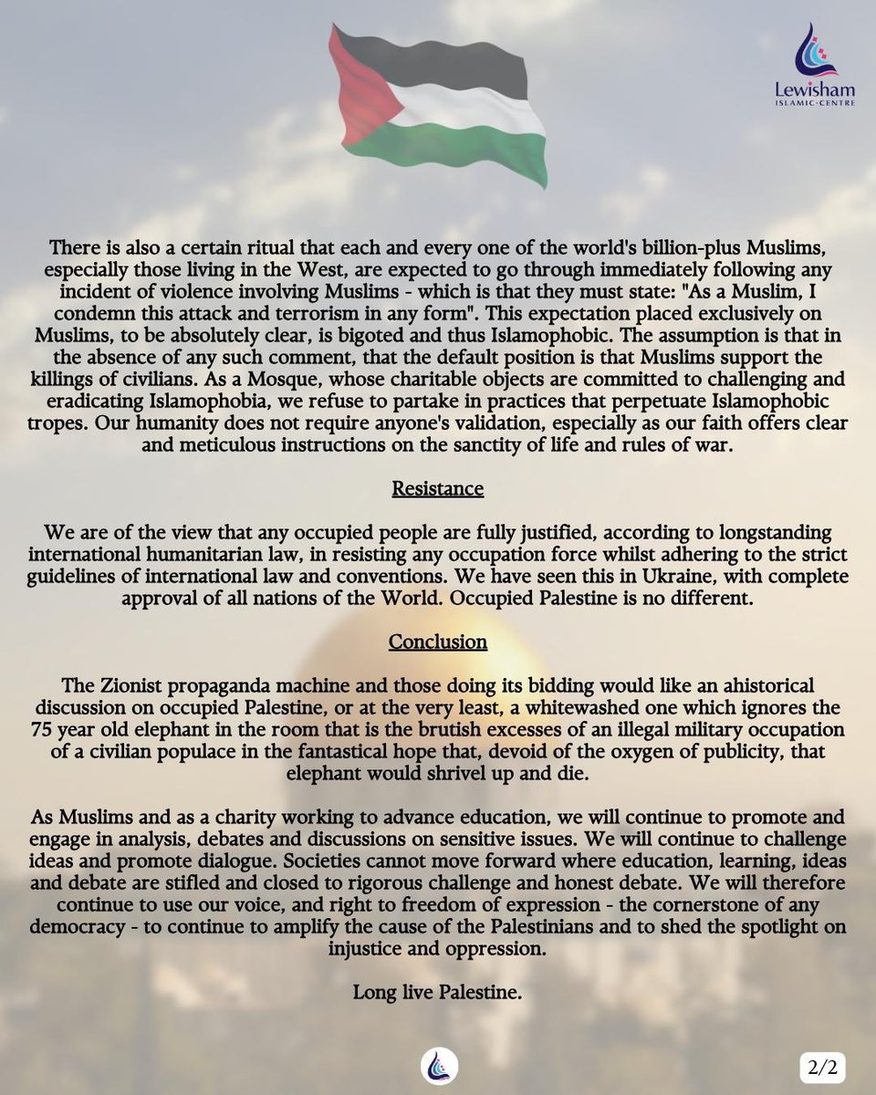 Majstar7's tweet photo. If only every mosque would release an empowering statement like this. MashaAllah may Allah bless @LewishamMosque and everyone involved. Please share with imams, charities &amp; masajid.

#WeStandWithPalestine #GazaGenocide 🇵🇸 https://t.co/fI8Y2k7onv