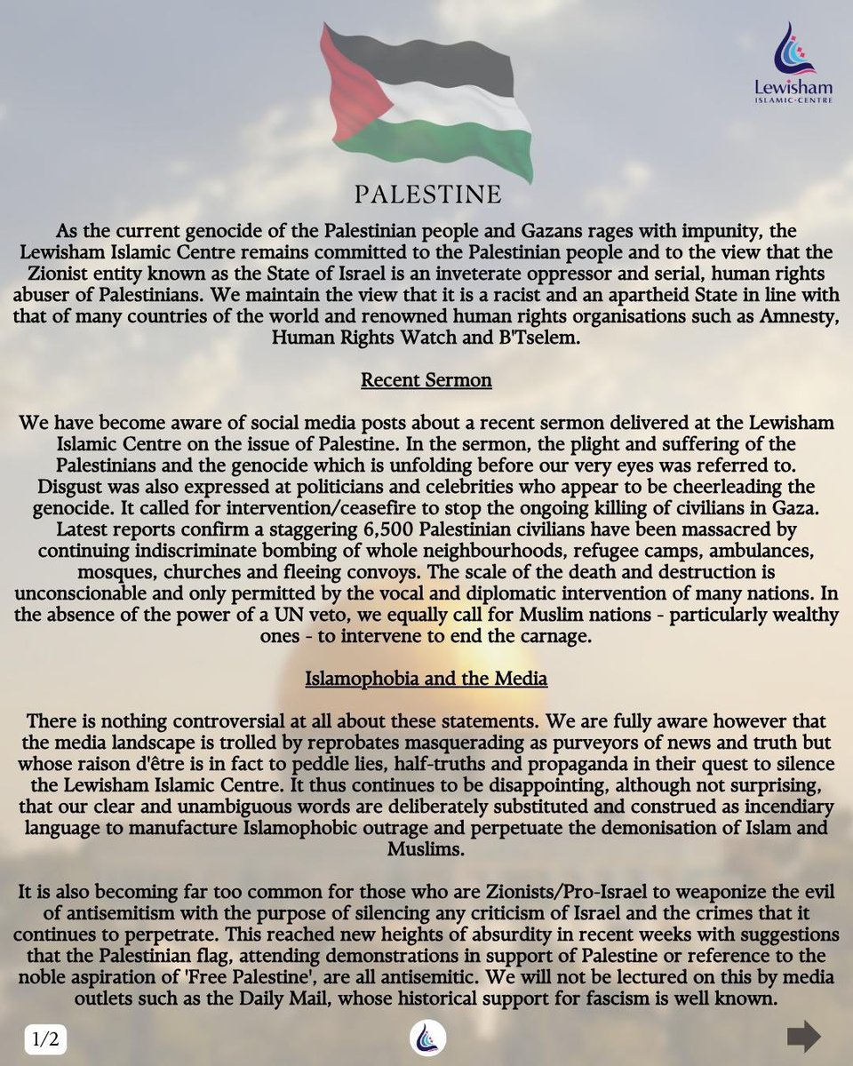 Majstar7's tweet photo. If only every mosque would release an empowering statement like this. MashaAllah may Allah bless @LewishamMosque and everyone involved. Please share with imams, charities &amp; masajid.

#WeStandWithPalestine #GazaGenocide 🇵🇸 https://t.co/fI8Y2k7onv