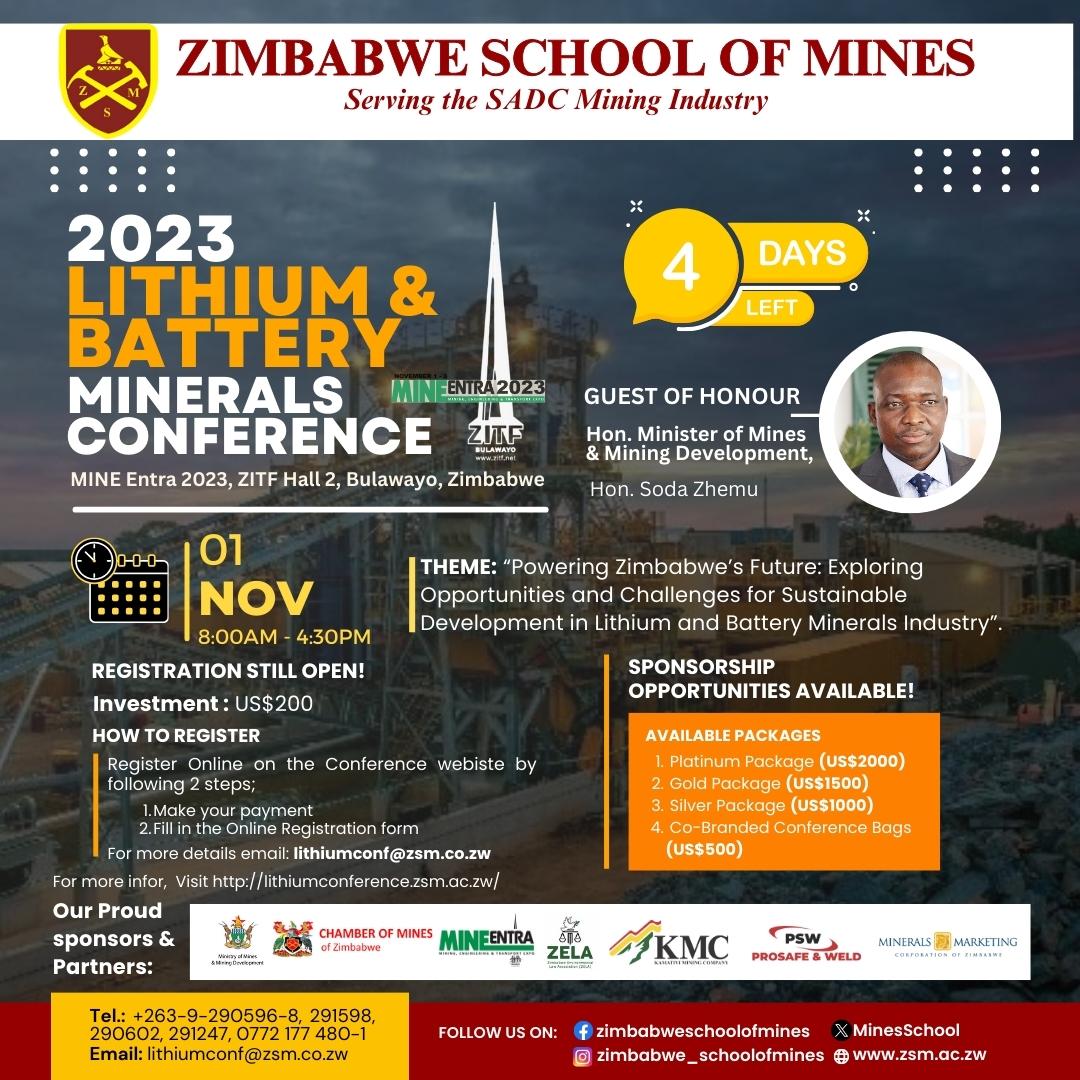 POWERING Zimbabwe's future: Exploring Opportunities and Challenges for Sustainable Development in Lithium and Battery Minerals Industry.
4 DAYS TO GO.  Registration is in progress.