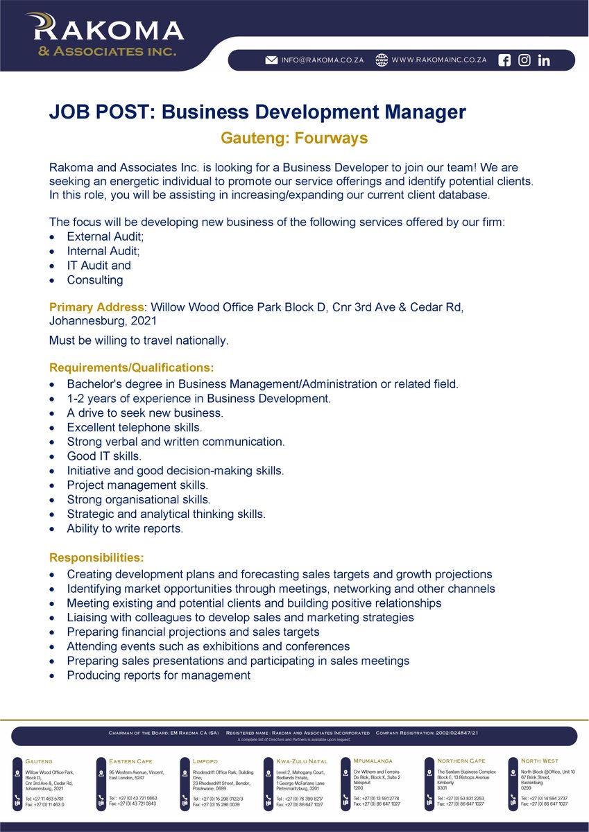 InfoAtRakoma's tweet photo. JOB POST: Business Development Manager - Fourways #JobSeekersSA #JobAdviceSA #jobseekers #Followforjobs #HireMe #JobSeekersWednesday #recruitment #job #hiringprofessionals #jobopportunity #recruiting #Accounting #Accountants #Businessdevelopment #BDM https://t.co/yKxFAQ9zeA