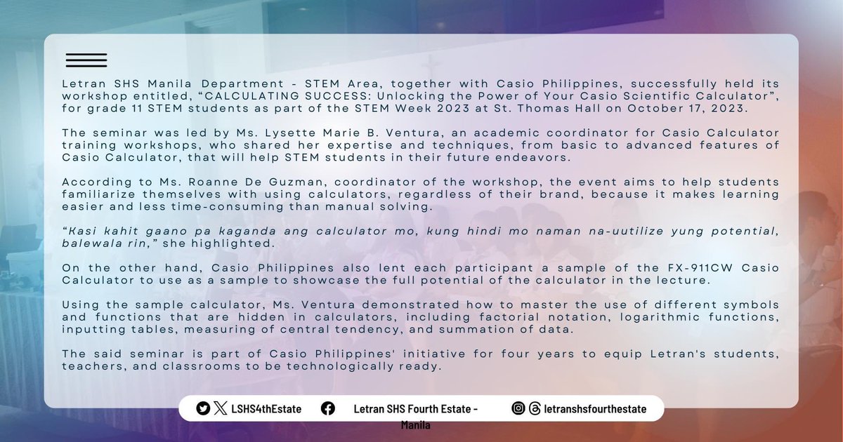 LSHSTheTemplar's tweet image. 🌐🚀 Exploring the Digital Frontier: A Recap of ICT-STEM Week 2023 

Dive into the exciting world of innovation, empowerment, and education during #ICTWeek2023 and #STEMWeek2023.