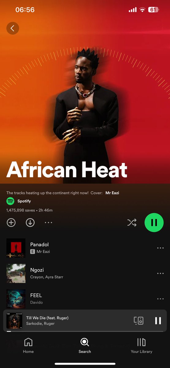 Kwesi_Picasso's tweet photo. Sarkodie’s - Till we die ft Ruger added to African Heat playlist on Spotify. The playlist has about 1.4million listeners 🇬🇭🇳🇬🔥🔥

#TillWeDie #TillWeDieChallenge https://t.co/7bwLQAVSan