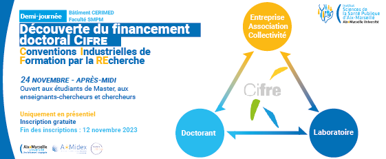 #Evenement | RDV le 24 novembre pour notre demi-journée "Découverte du financement doctoral CIFRE" ! 

Étudiants, enseignants-chercheurs et chercheurs, posez vos questions et rencontrez des partenaires  ! 

⚠Inscription gratuite : 12 nov⚠

Plus d'info : univ-amu.fr/fr/public/cale…