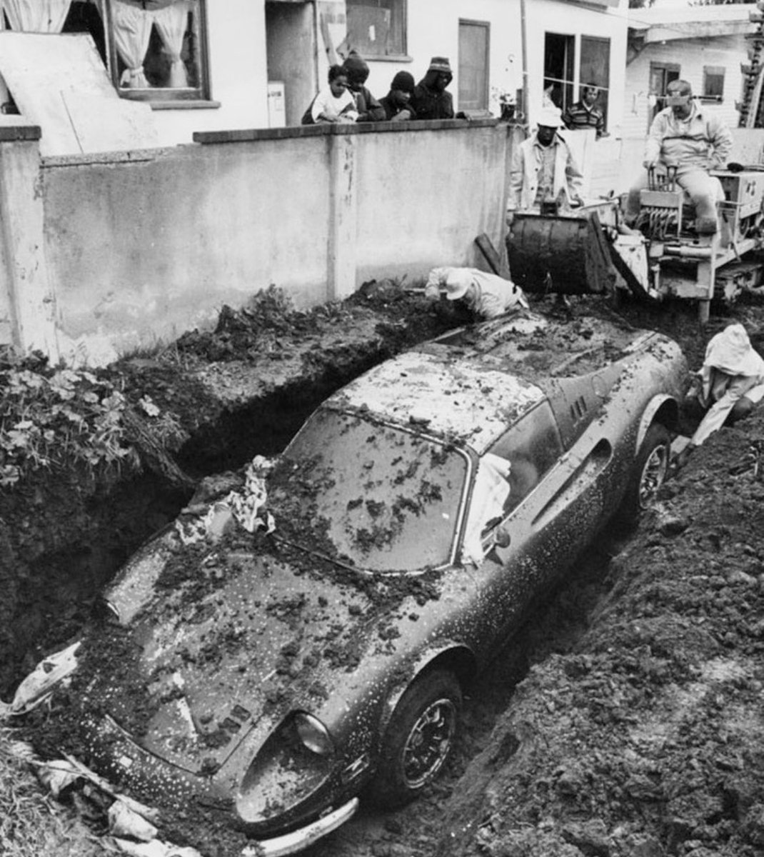 In 1978 a Ferrari was discovered buried in a yard in Los Angeles after children playing in the dirt alerted police about something shallowly buried. The car had been reported stolen 4 years prior.

Later it transpired that the owner, plumber Rosendo Cruz, apparently conspired to