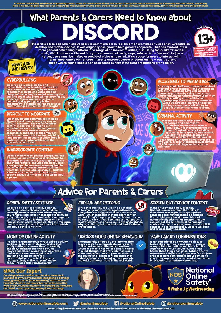 CwtchAdamsdown's tweet photo. National Online Safety:
This is a useful site for parents and carers to learn everything you need to know about the latest apps, games and devices used by children. 
Below is information and advice about DISCORD
https://t.co/xHTqbH7rlr https://t.co/EEqauVnwxR