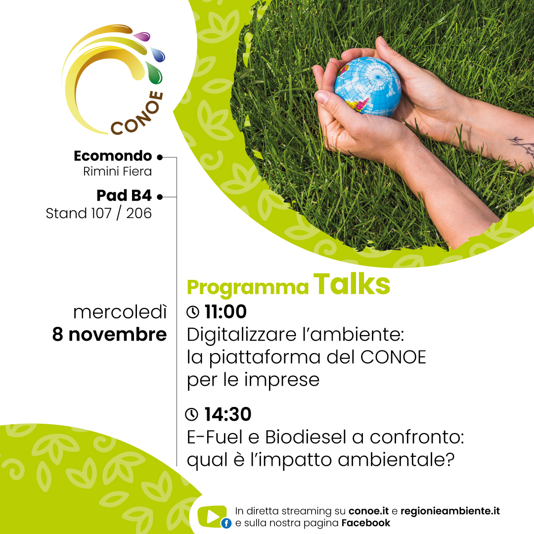 ConoeConsorzio's tweet photo. 📍 #Ecomondo 2023: prendi nota e non perdere gli eventi del prossimo 8 novembre firmati CONOE.
📲 Alle ore 11.00 presenteremo la nuova piattaforma del Consorzio dedicata a tutte le imprese della Filiera. Perché una rete innovativa e digitalizzata rappresenta il futuro dell'#EconomiaCircolare.
♻️ Alle 14.30 metteremo a confronto gli impatti ambientali dell'#eFuel, un carburante sintetico nato dalla combinazione chimica di idrogeno ed anidride carbonica, e il Biodiesel, un combustibile ottenuto da fonti rinnovabili come gli oli vegetali esausti.
🎥 Potrai seguire i due eventi anche in streaming sul nostro sito e su quello di https://t.co/K16MP5EU4z e sulla nostra pagina Facebook.
@Ecomondo