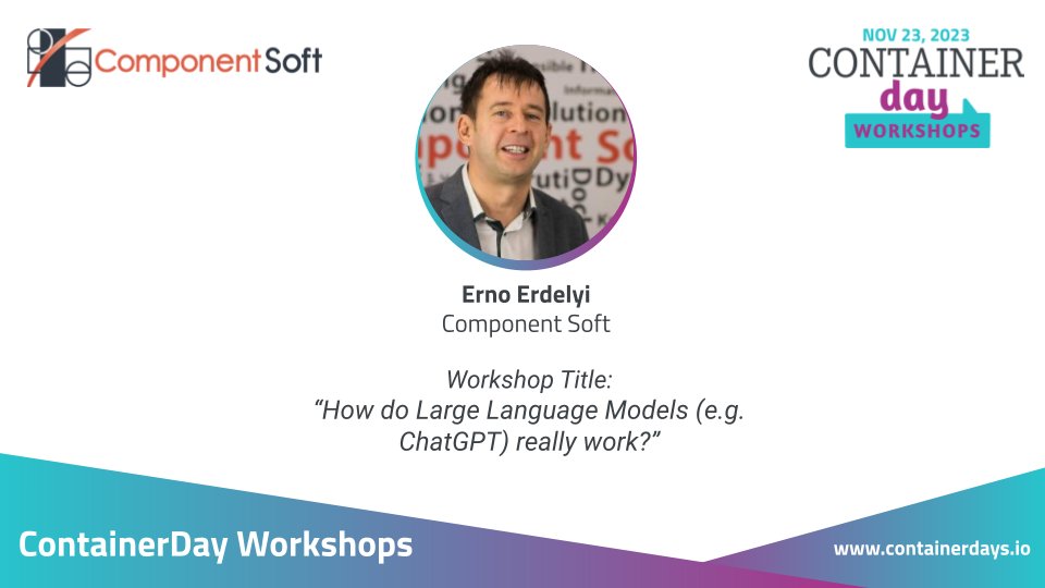ConDaysEU's tweet image. Join the @Component_Soft workshop "How do Large Language Models (e.g. ChatGPT) really work?" carried by @erno_erdelyi. Workshops includes exercises and instructor’s demonstrations using the most advanced open-source LLMs.

Book your place: bit.ly/3tmfB4g
#CDWorkshops