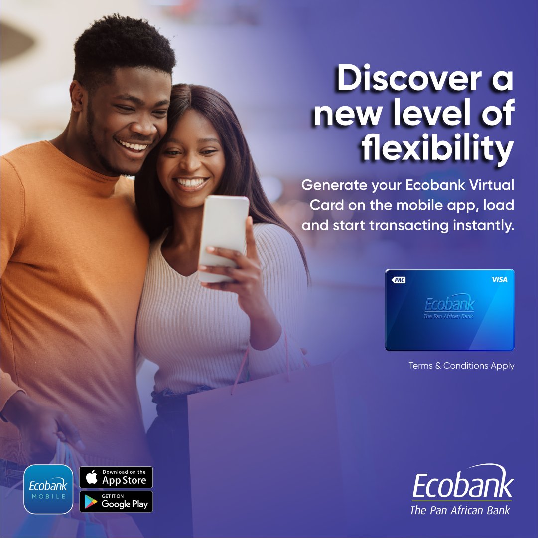 EcobankGhanaPLC's tweet photo. Want to enjoy fast, secure, and seamless online shopping and subscription payments? Download Ecobank Mobile and create an #Ecobank Visa Virtual Card today for a world of convenient online payments.
#EcobankVirtualcards #ThePanAfricanBank https://t.co/KmK0nh8KRM