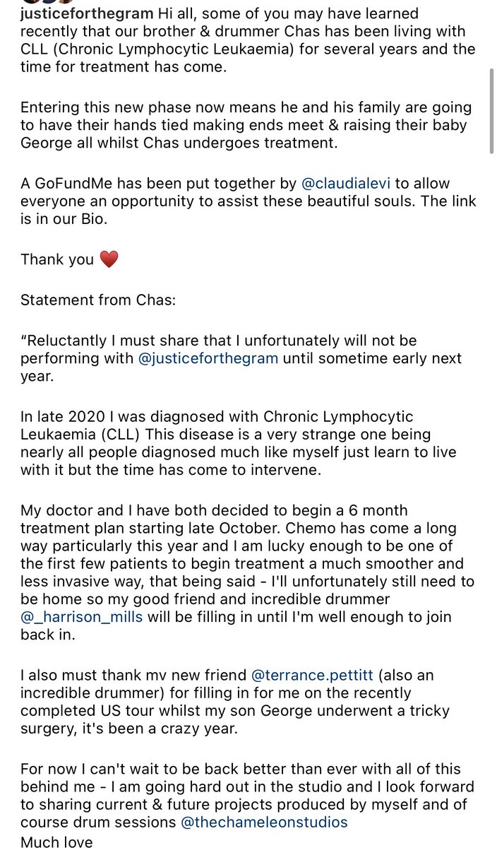 Hi all, some of you may have learned recently that our brother &amp; drummer Chas has been living with Chronic Lymphocytic Leukaemia for several years and the time for treatment has come. 

GoFundMe link: gofundme.com/f/chas-and-his…

Pls read statement in photo below 

Thank you so much
