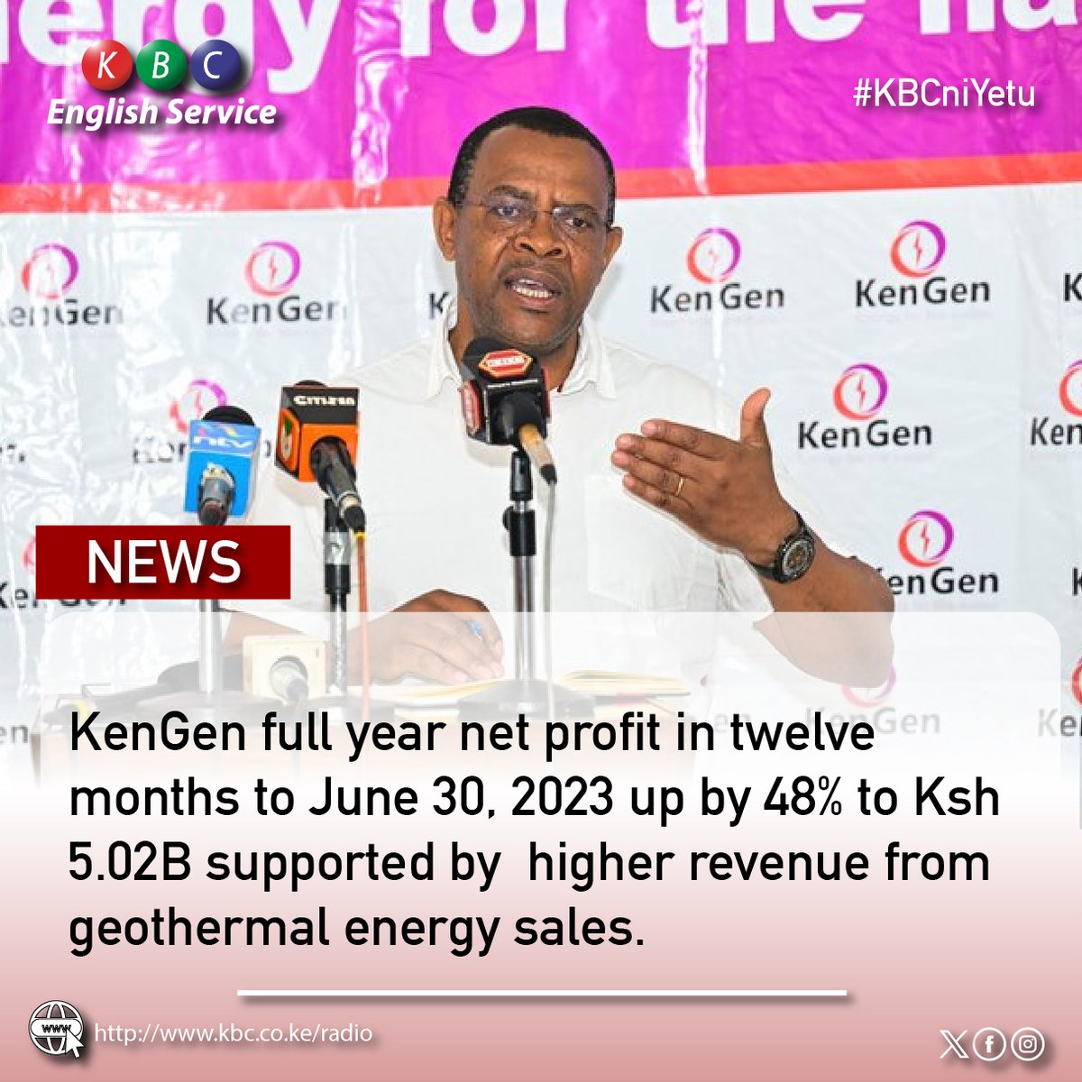 KenGen full year net profit in twelve months to June 30, 2023 up by 48% to Ksh 5.02B supported by higher revenue from geothermal energy sales. ^PMN #KBCEnglishService