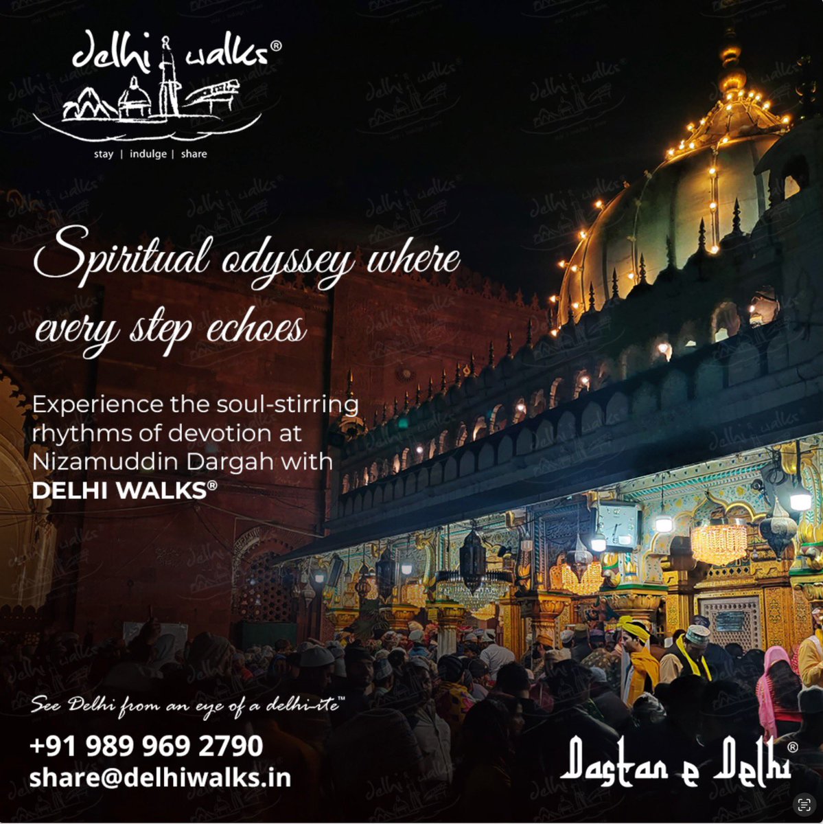 Name of the walk- Ishq, mushq aur Mausiki: The Sufi extravagance 
Date- 29 October,2023 (Sunday) 
Timings- 05-07 PM 
Registration fee- ₹400 
Registration link- delhiwalks.in/festival/

See you there! 🩷